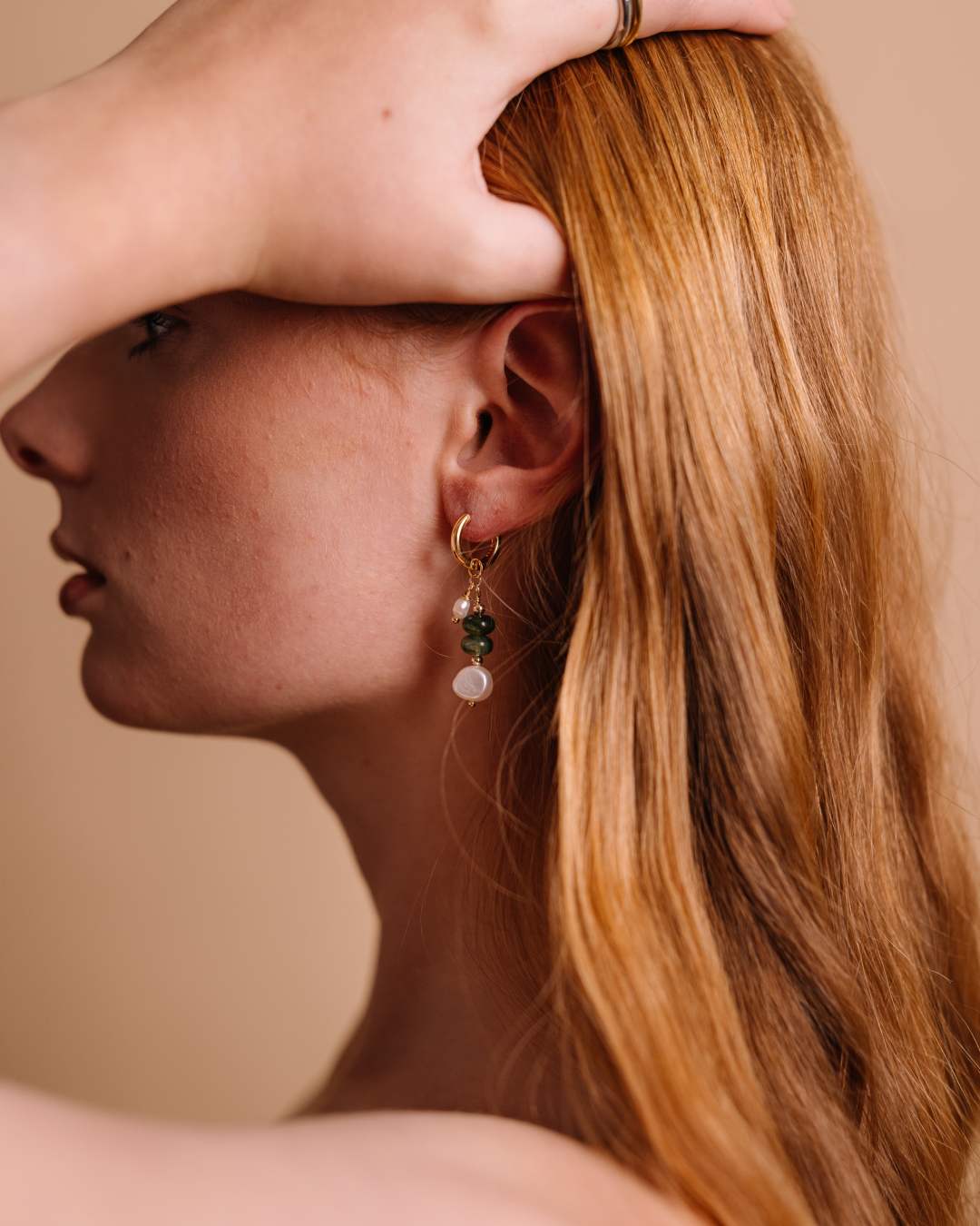 Handcrafted beaded and freshwater pearl gold vermeil hoop earring