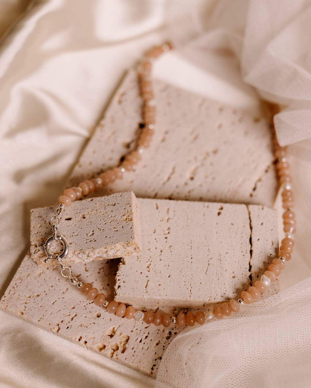 Handcrafted moonstone and freshwater pearl sterling silver beaded necklace with customisable jewellery charms