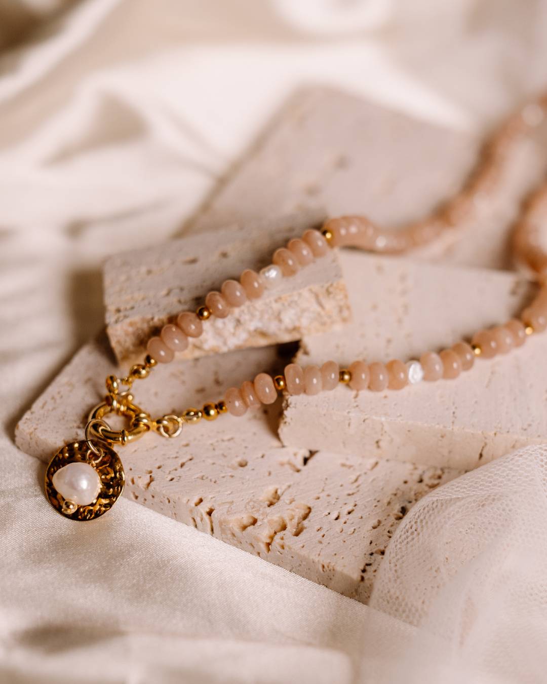 Handcrafted moonstone and freshwater pearl gold vermeil beaded necklace with customisable jewellery charms