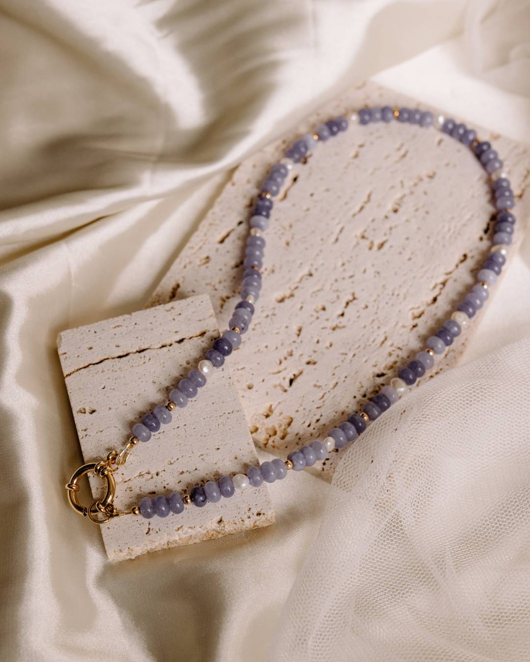 Handcrafted purple jade and freshwater pearl gold vermeil beaded necklace