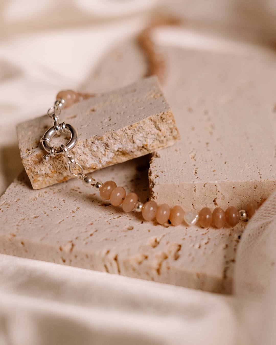 Handcrafted moonstone and freshwater pearl sterling silver beaded necklace with customisable jewellery charms