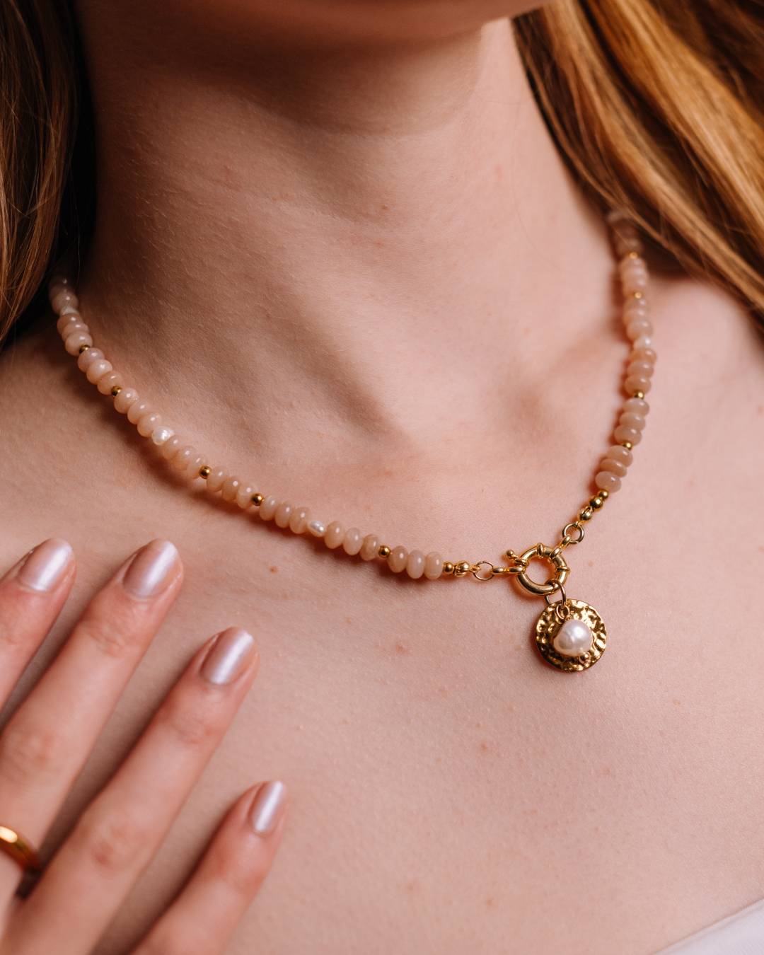 Handcrafted moonstone and freshwater pearl gold vermeil beaded necklace with customisable jewellery charm