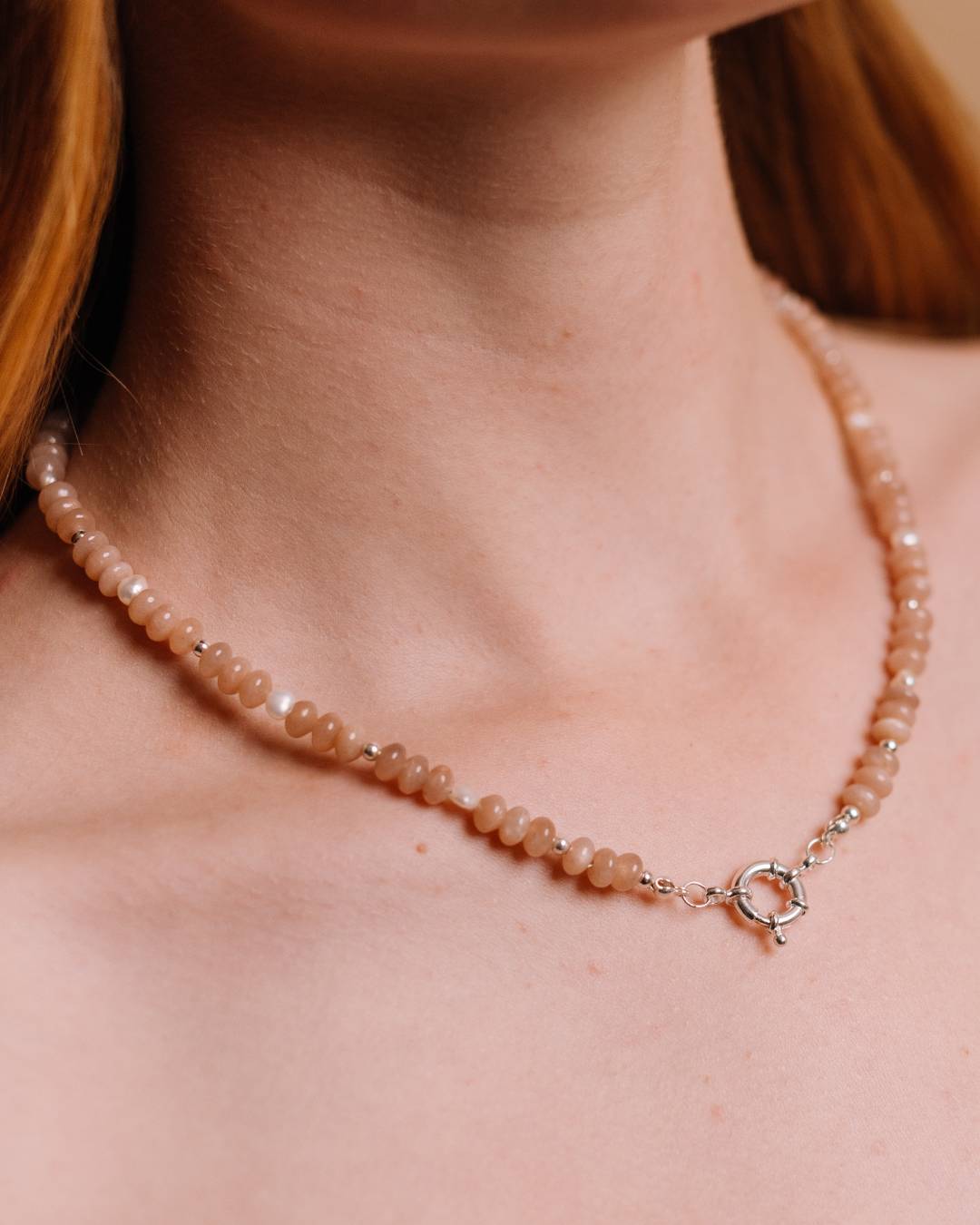 Handcrafted moonstone and freshwater pearl sterling silver beaded necklace with customisable jewellery charms