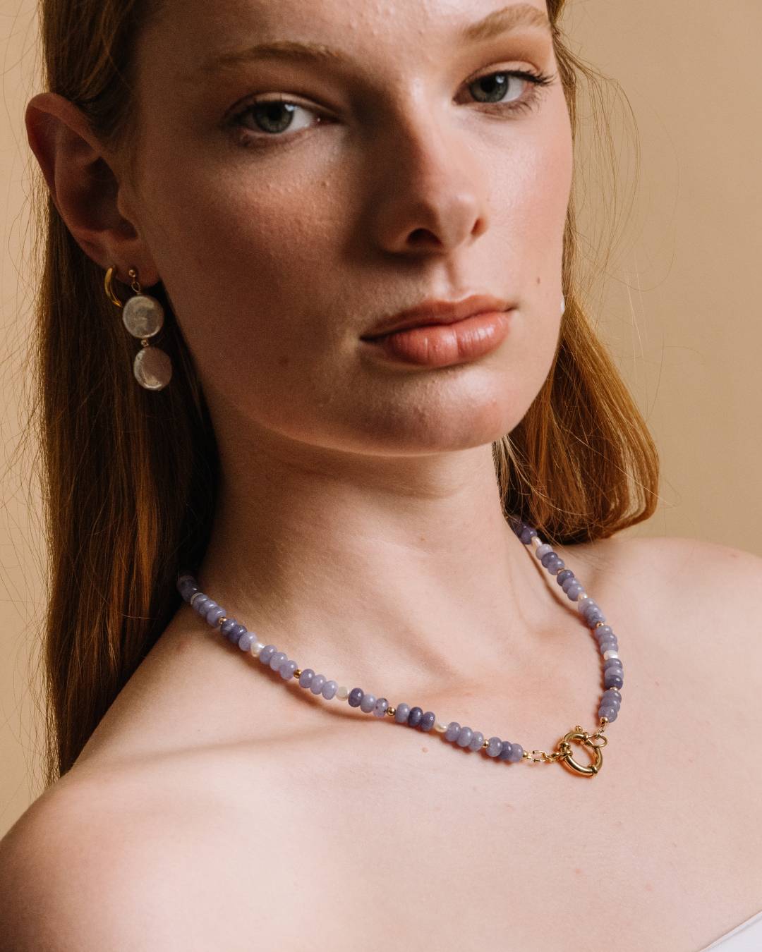 Handcrafted purple jade and freshwater pearl gold vermeil beaded necklace