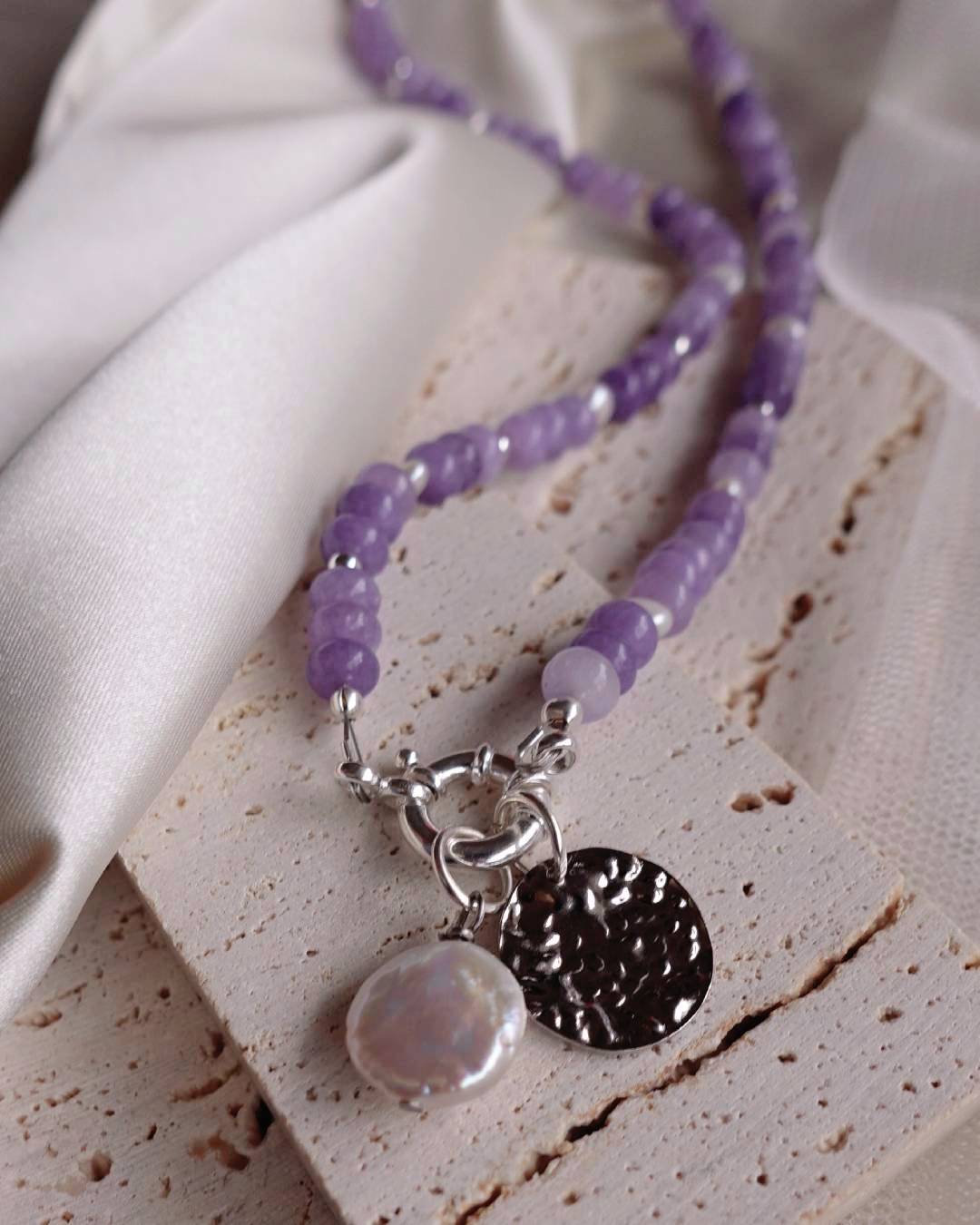 Handcrafted purple jade and freshwater pearl sterling silver beaded necklace with customisable jewellery charms