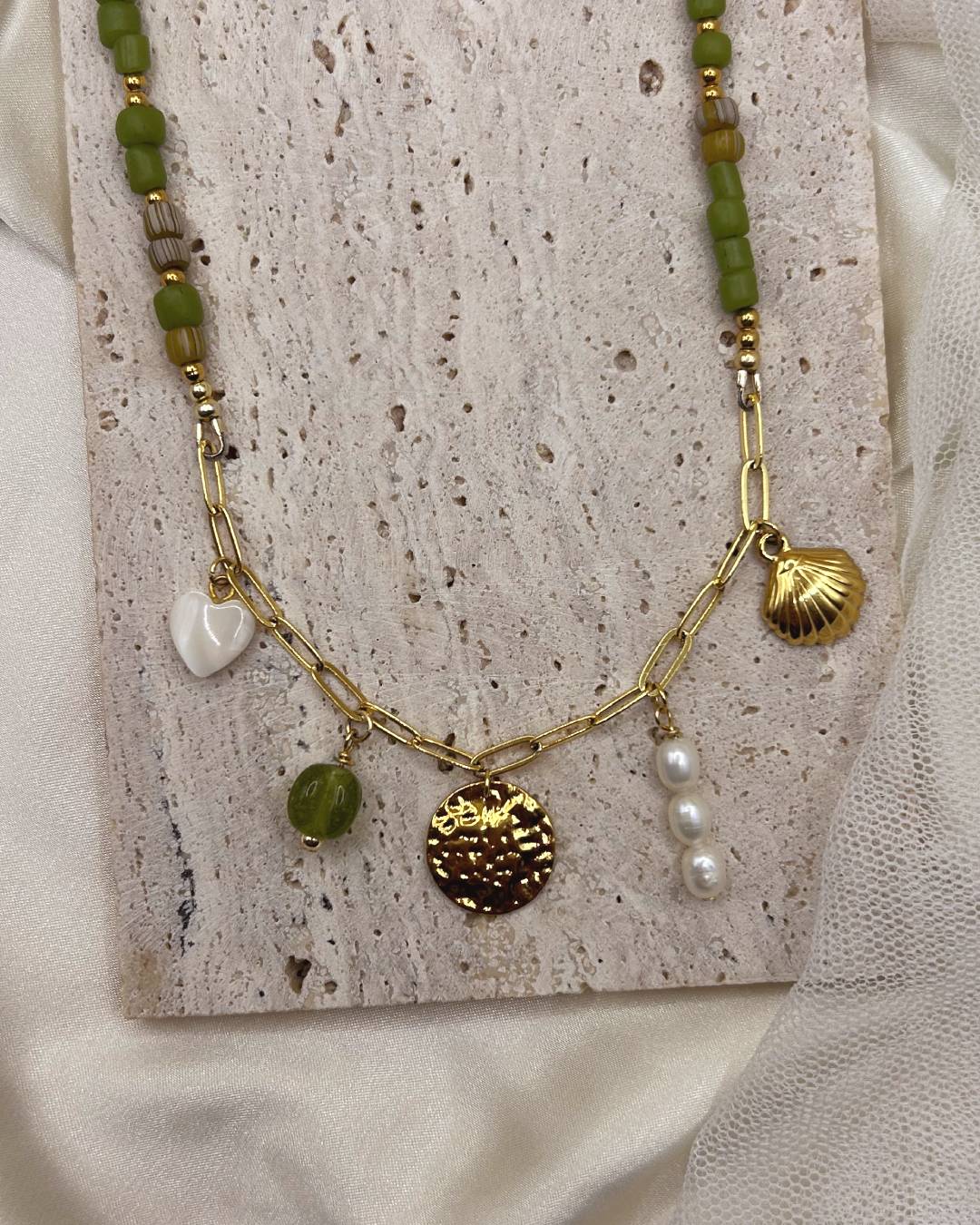 Handcrafted beaded necklace with gold plated paperclip chain and customisable jewellery charm