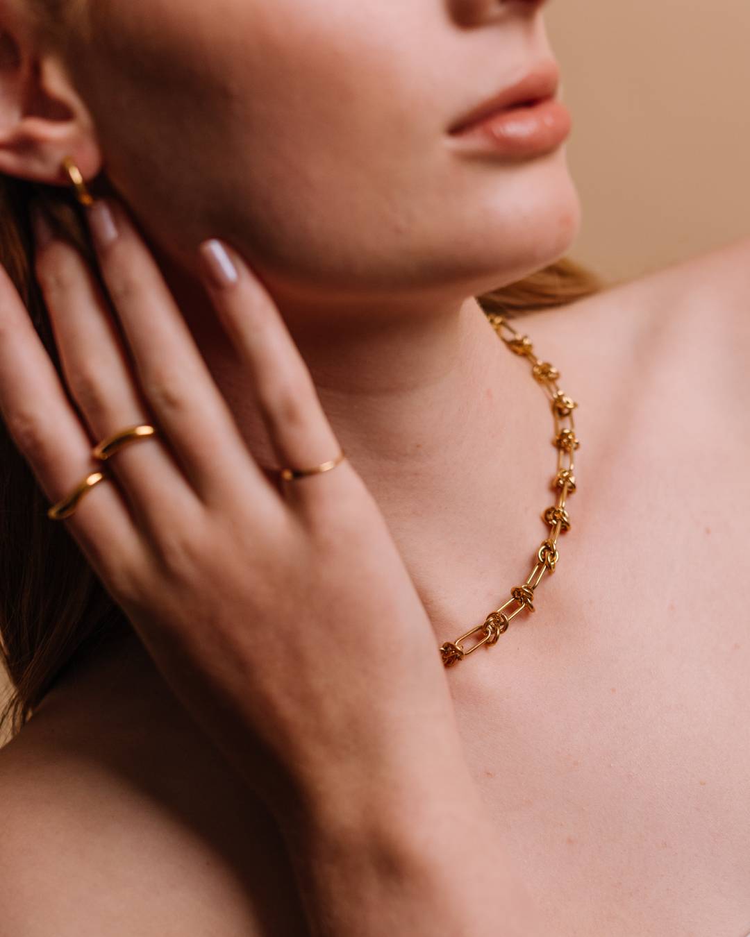 Waterproof gold plated chunky chain necklace with gold rings
