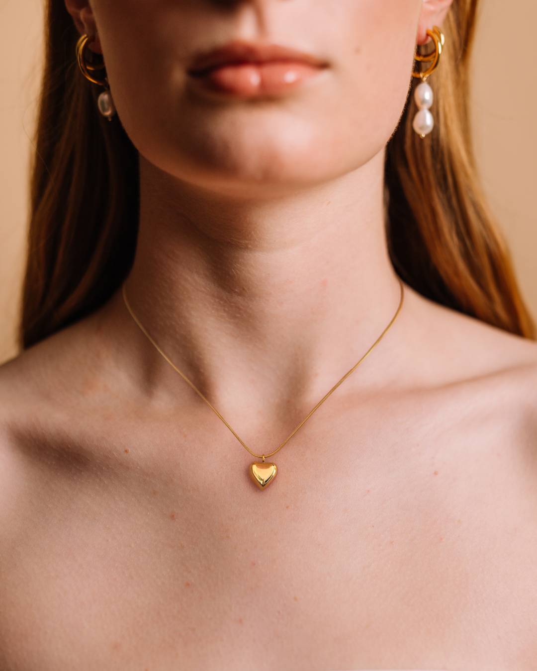 Gold vermeil heart pendant necklace with freshwater pearl hoop earrings