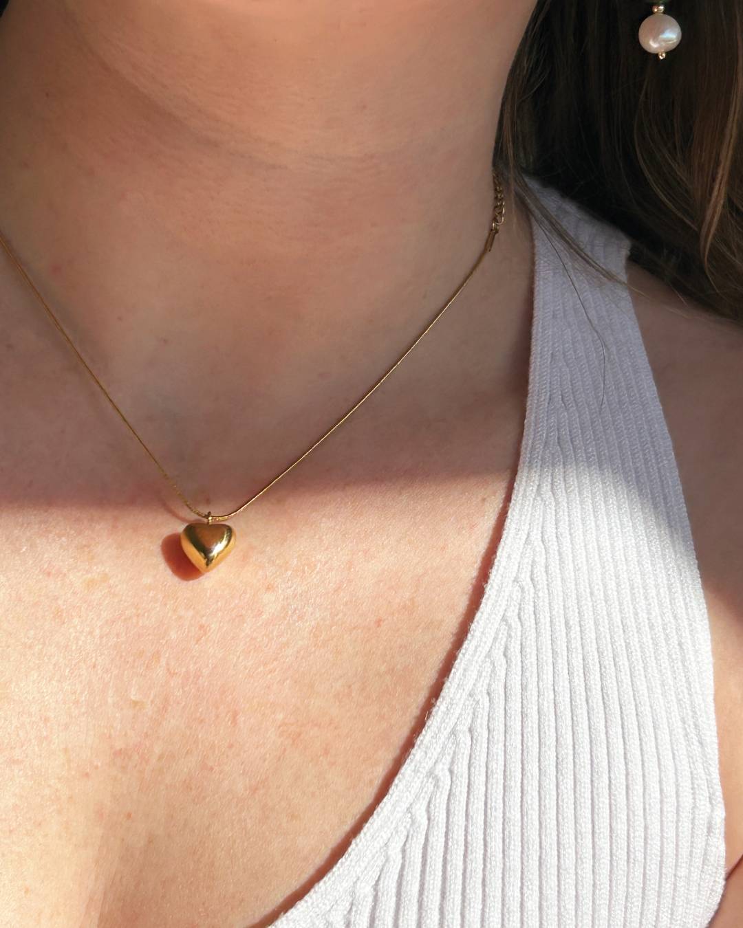 Gold vermeil heart pendant necklace with freshwater pearl hoop earrings