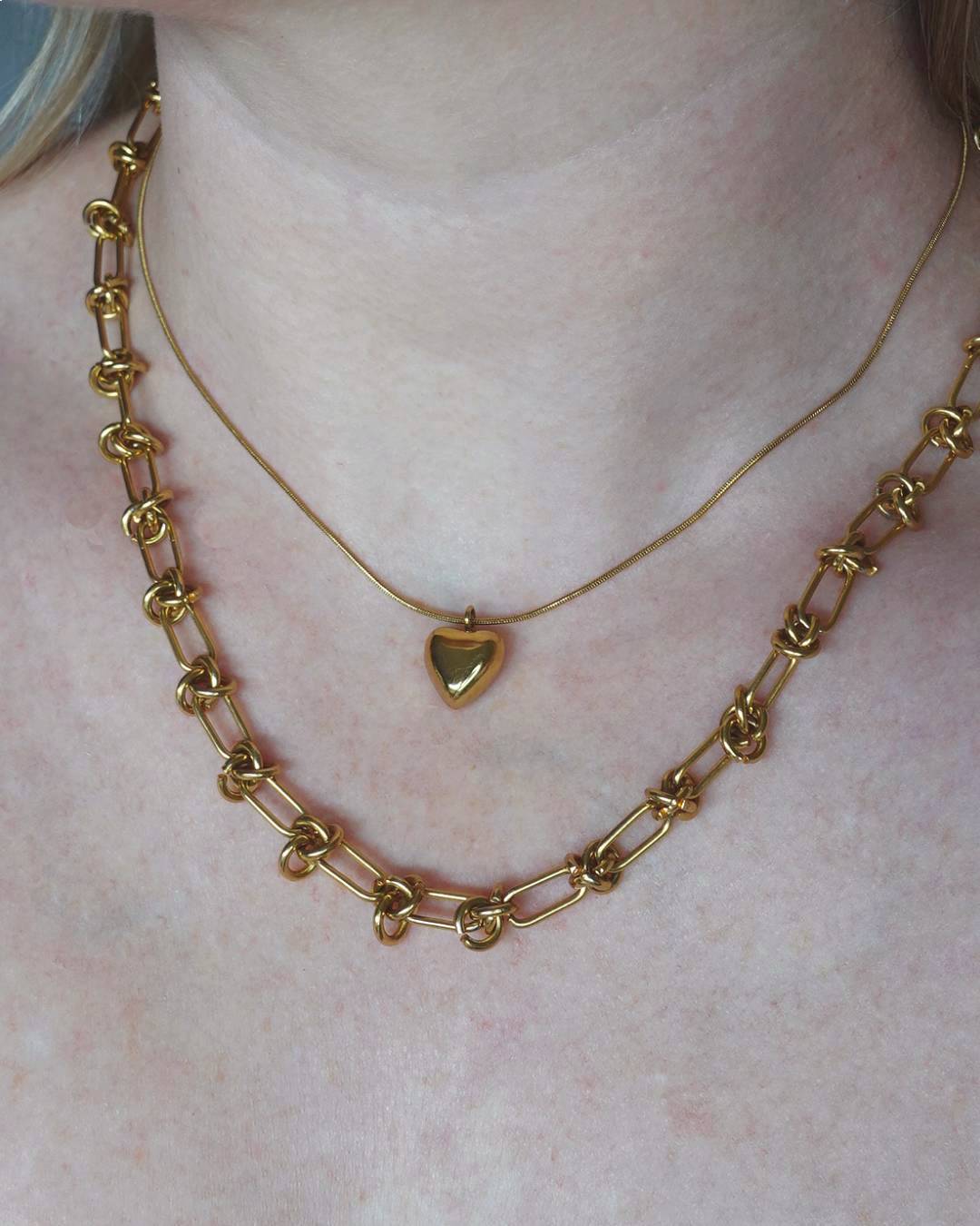 Gold vermeil heart pendant necklace with gold plated chunky necklace