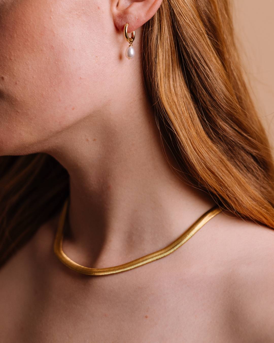 Waterproof gold plated herringbone chain necklace with freshwater pearl hoop gold vermeil earring