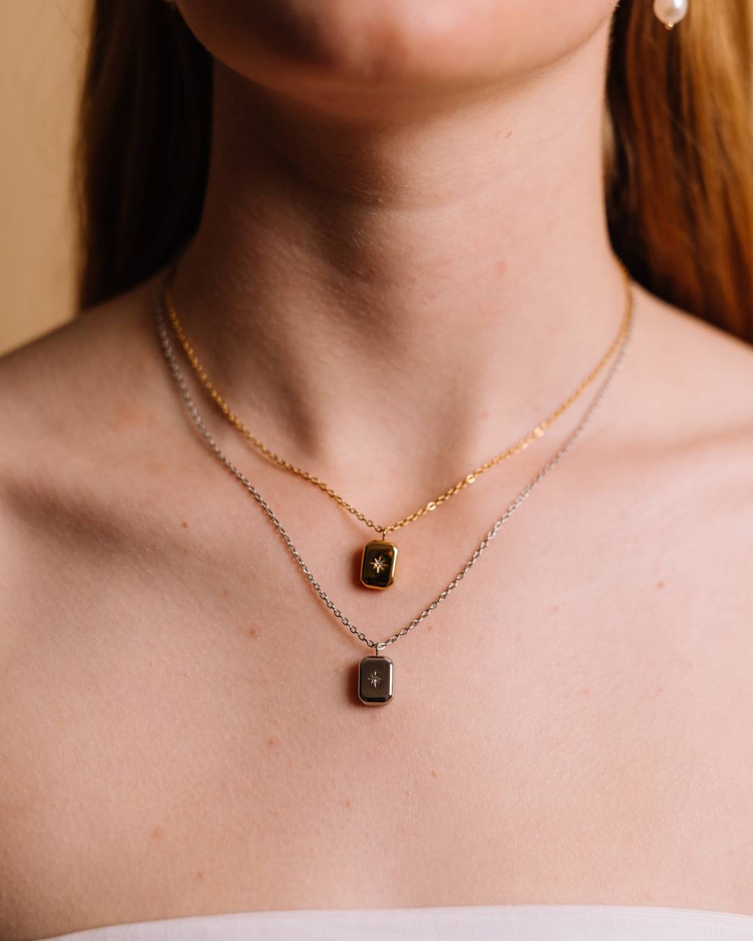 Waterproof gold and silver pendant necklace with zircon star