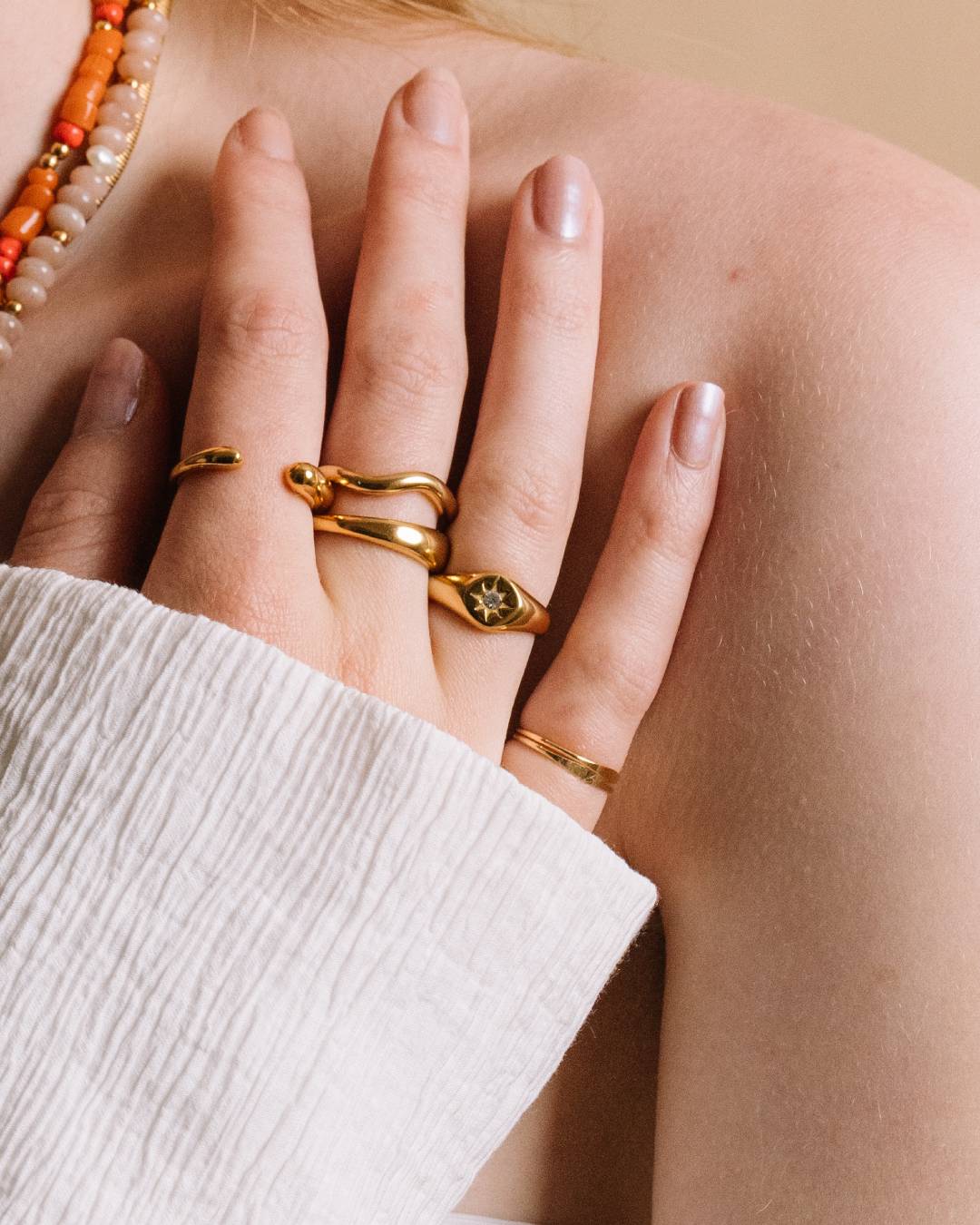 Gold plated waterproof stacking signet ring with zircon