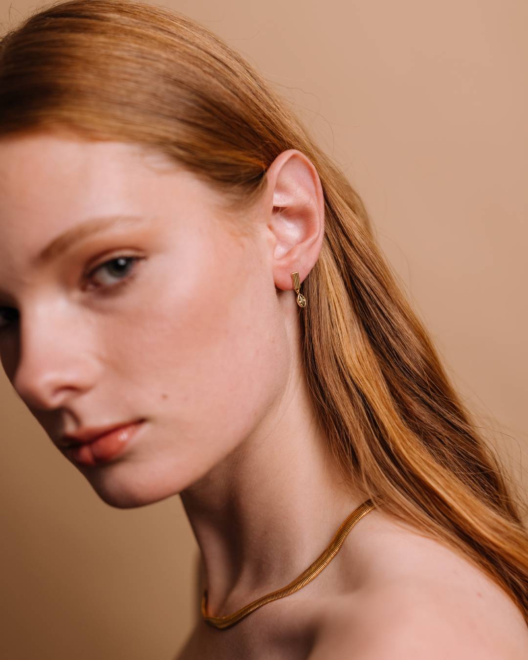 Dainty gold vermeil drop earring with zircon and waterproof gold plated herringbone chain necklace 