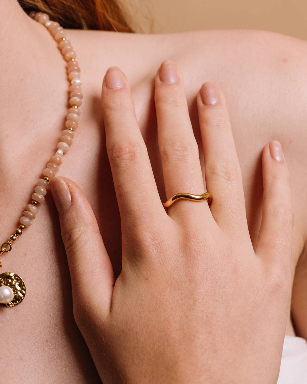 Gold plated waterproof ring with handcrafted beaded necklace with charms 