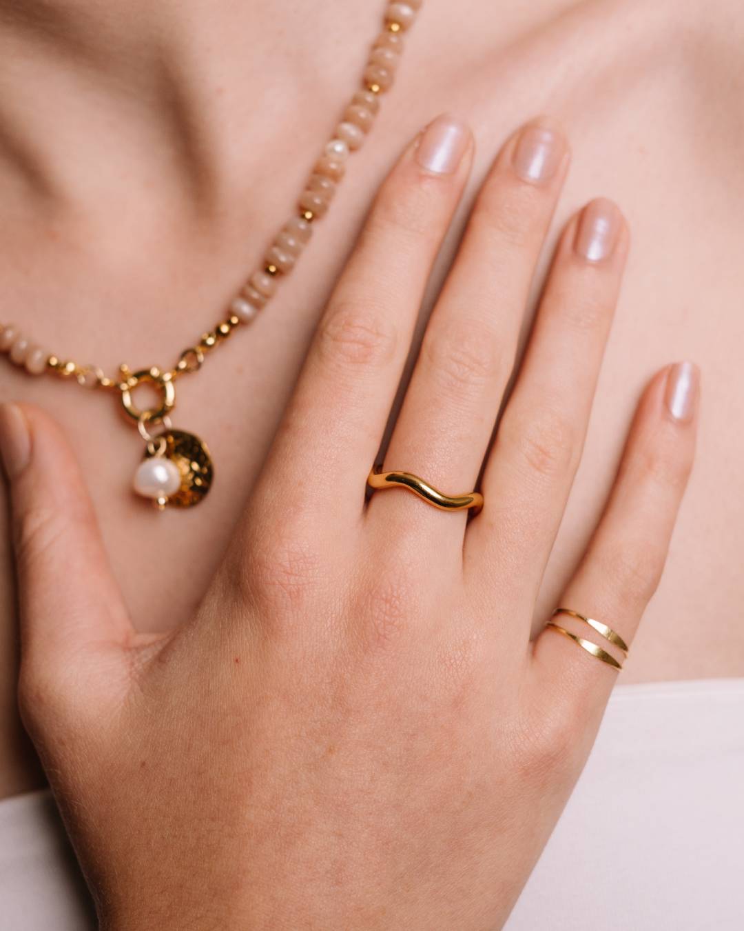 Gold plated waterproof ring with handcrafted beaded necklace with charms 